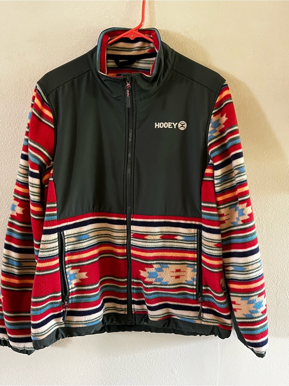 Hooey Red Aztec Pattern Fleece Jacket with Black Yoke